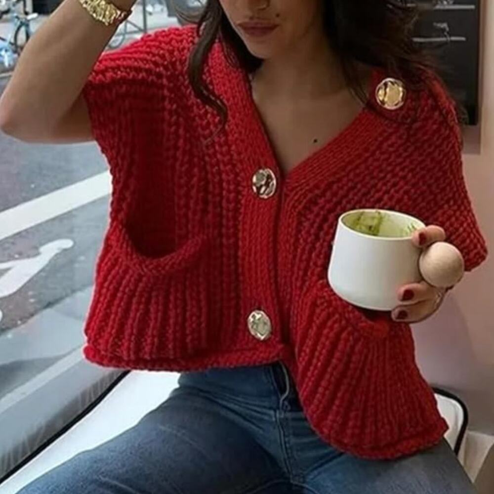 Red Chunky Knit Sweater Vest Gold Buttons Cozy Fall Sleeveless Cardigan Size S